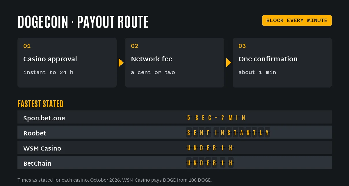 Dogecoin casino withdrawal route and stated times: Sportbet.one 5 seconds to 2 minutes, Roobet sent instantly, WSM Casino and BetChain under an hour