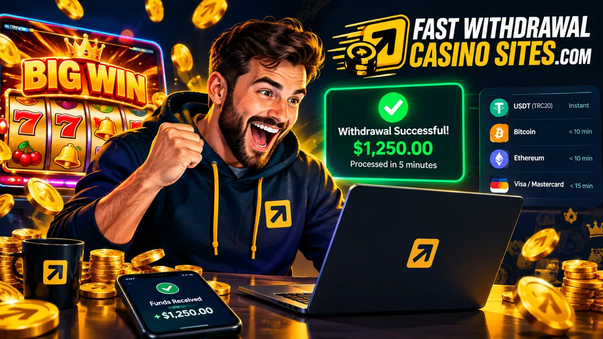Ilustración: un jugador celebra un retiro marcado como completado y procesado en 5 minutos, junto a una lista de tiempos de pago para USDT, Bitcoin, Ethereum y Visa o Mastercard