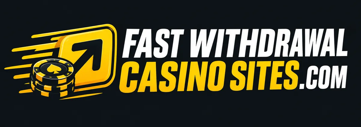 Logotipo de Fast Withdrawal Casino Sites: una flecha amarilla y fichas de casino con el nombre del sitio