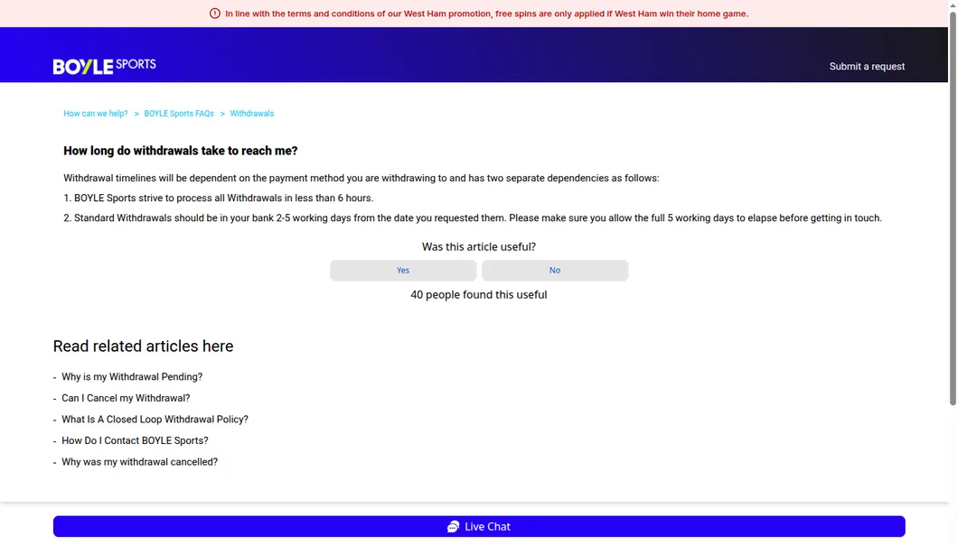 BoyleSports support article saying it strives to process withdrawals in less than 6 hours