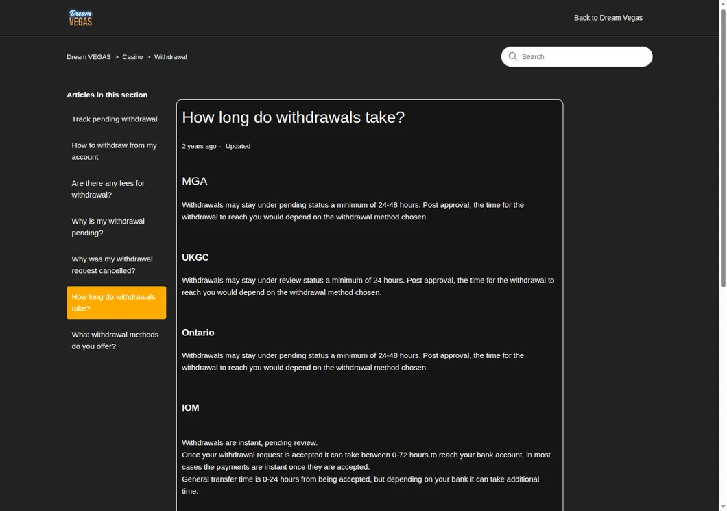 Dream Vegas help article on how long withdrawals take under MGA, UKGC, Ontario and IOM rules