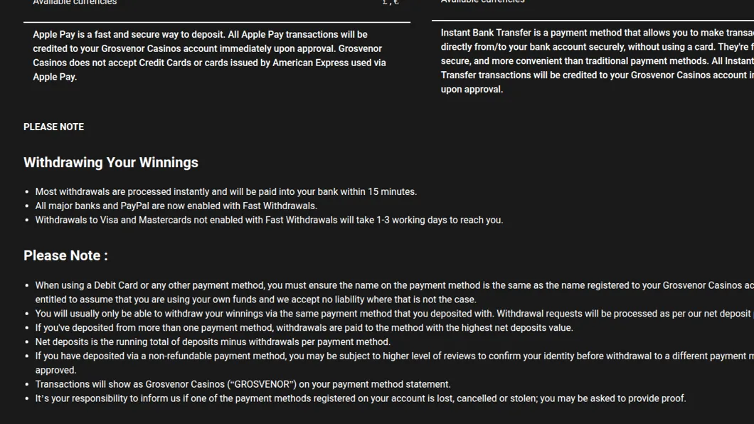 Grosvenor Casinos payment methods page: most withdrawals processed instantly and paid within 15 minutes