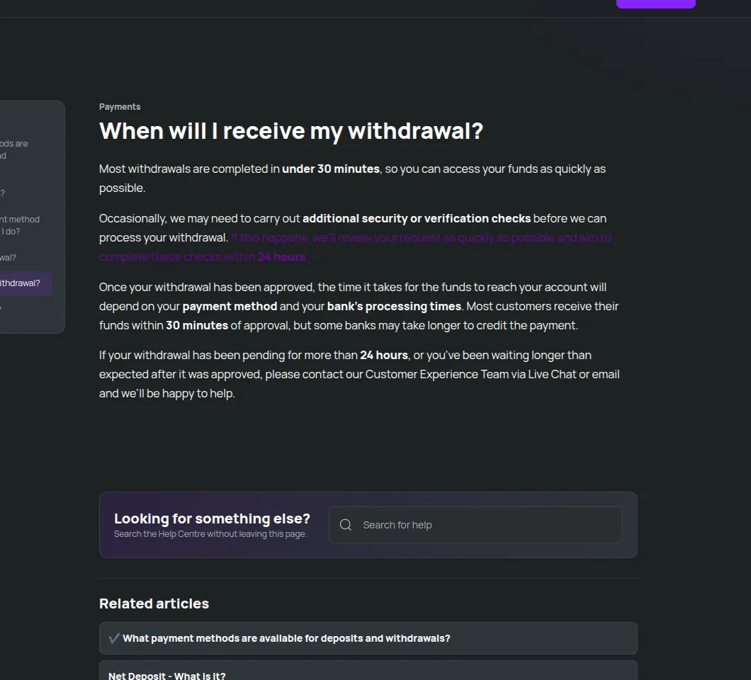 Kwiff help centre page saying most withdrawals are completed in under 30 minutes