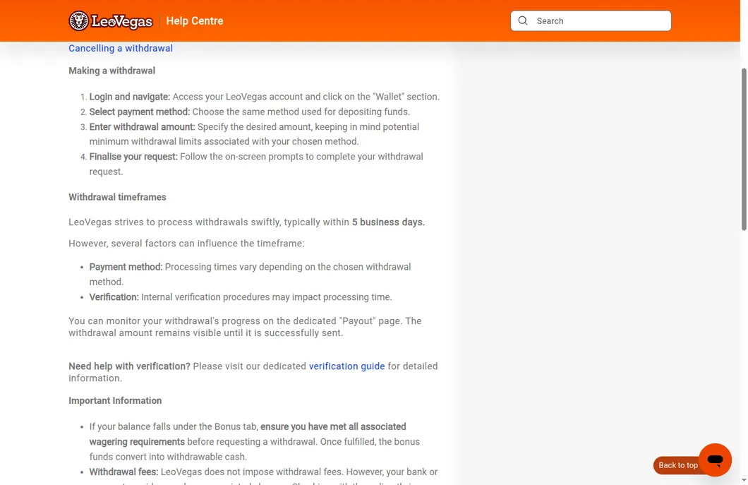 LeoVegas New Zealand help centre article on withdrawal timeframes