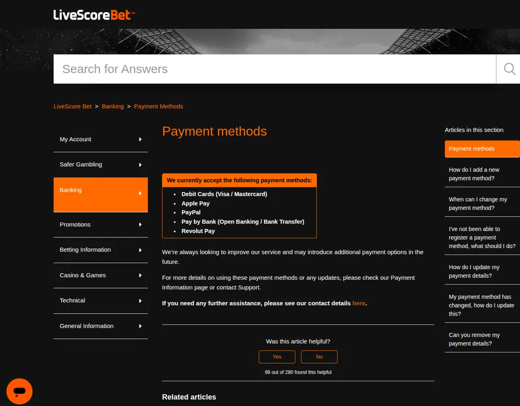 LiveScore Bet help centre list of payment methods available for withdrawals