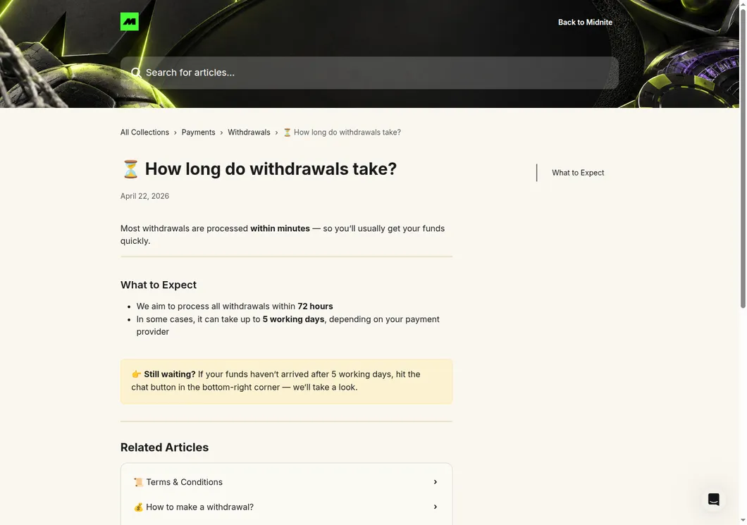 Midnite help centre article saying most withdrawals are processed within minutes and the aim is 72 hours