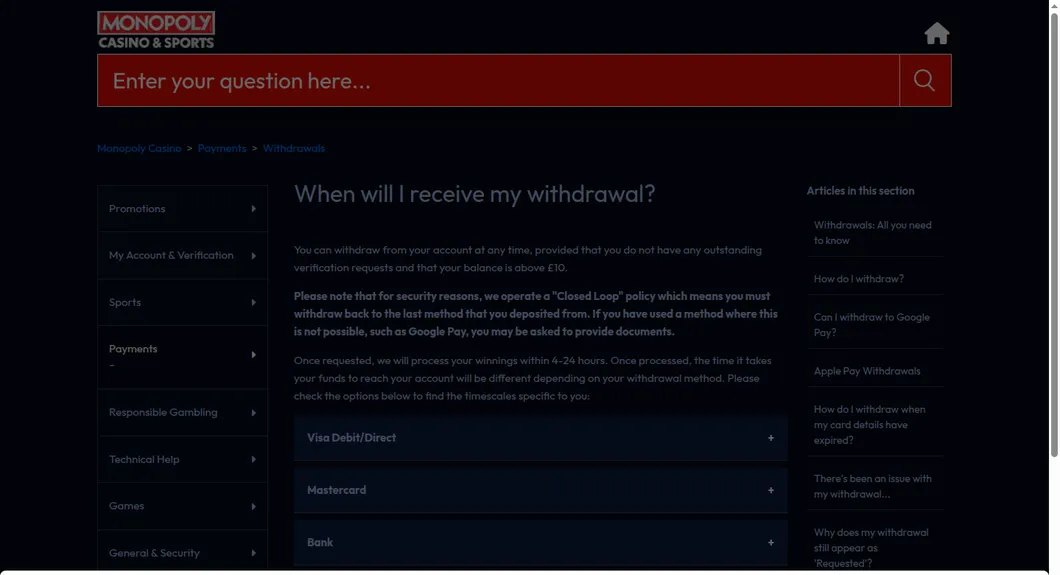 MONOPOLY Casino help centre article When will I receive my withdrawal