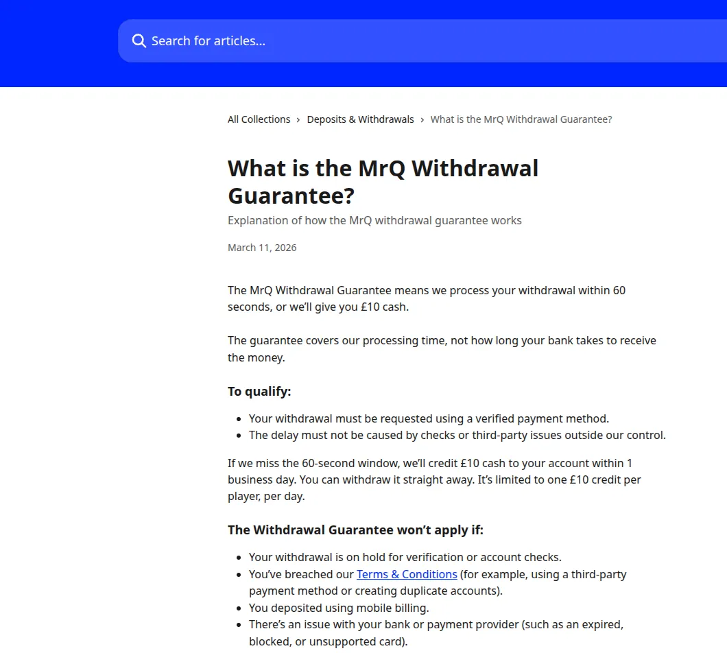 MrQ help centre article explaining the Withdrawal Guarantee of processing within 60 seconds or £10