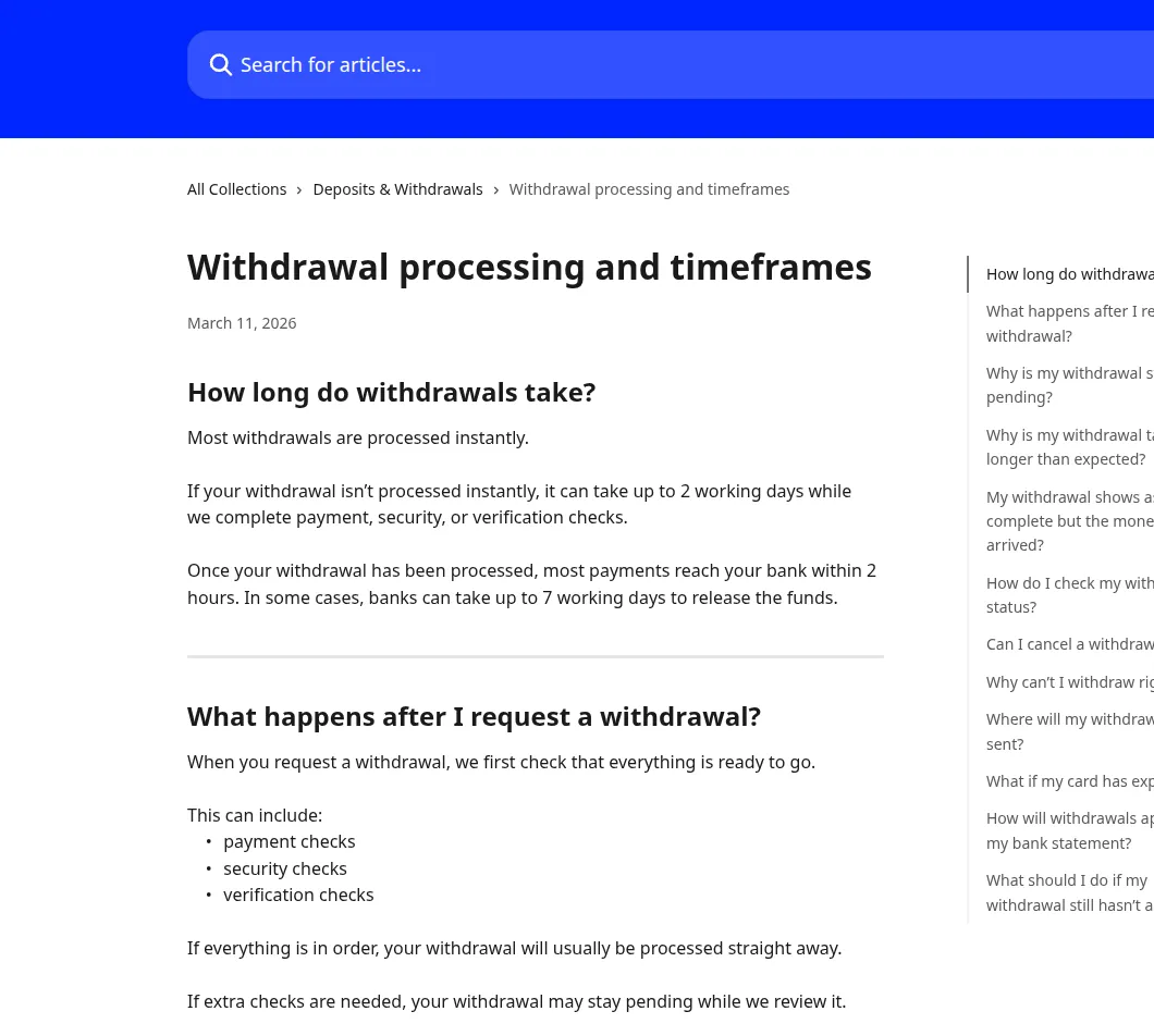 MrQ help centre article on withdrawal processing and timeframes