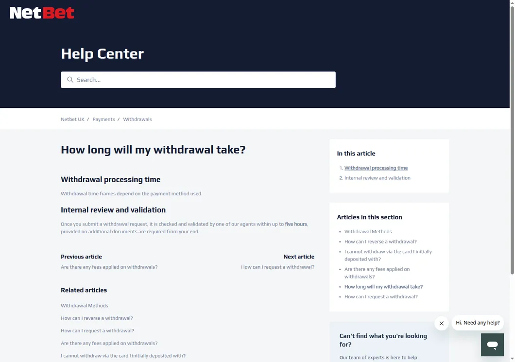 NetBet UK help centre article on how long a withdrawal takes