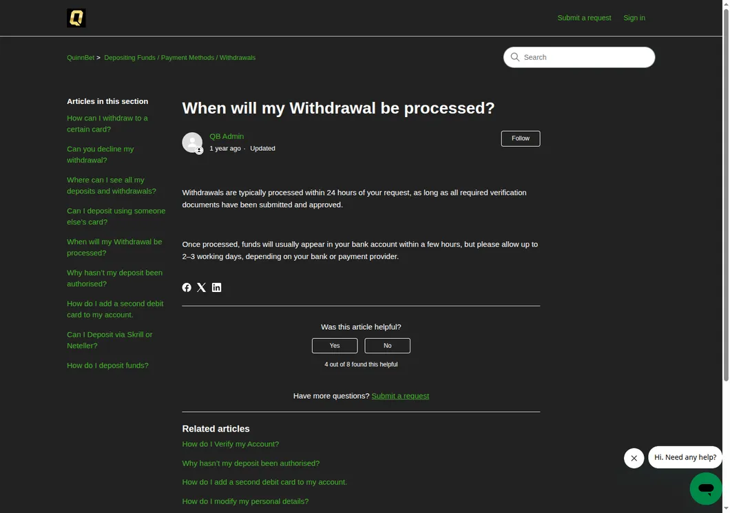 QuinnBet help centre article on when a withdrawal is processed