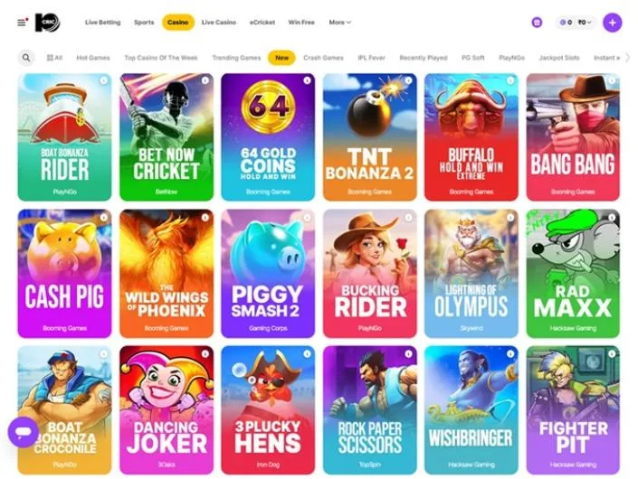 10CRIC games lobby screenshot: 10CRIC casino lobby with a grid of slot tiles such as Boat Bonanza Rider Cash Pig and Wild Wing of Phoenix