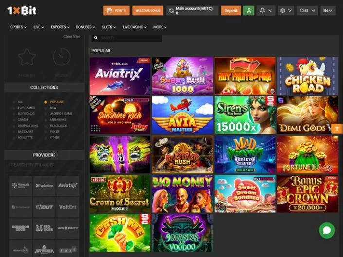 1xBit games lobby screenshot: 1xBit slots lobby with collection filters on the left and popular games such as Aviatrix Sugar Rush 1000 and Chicken Road