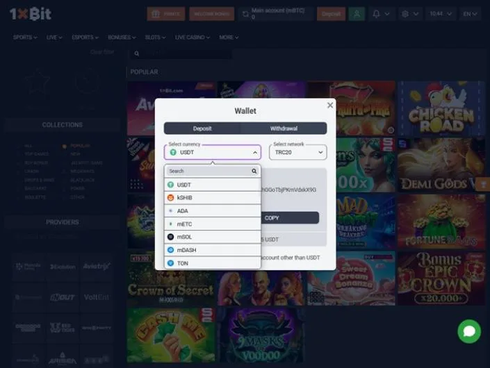1xBit cashier screenshot: 1xBit wallet window on the Deposit tab with a USDT TRC20 address selector and a coin dropdown listing USDT, kSHIB ADA, mETC, mSOL, mDASH and TON