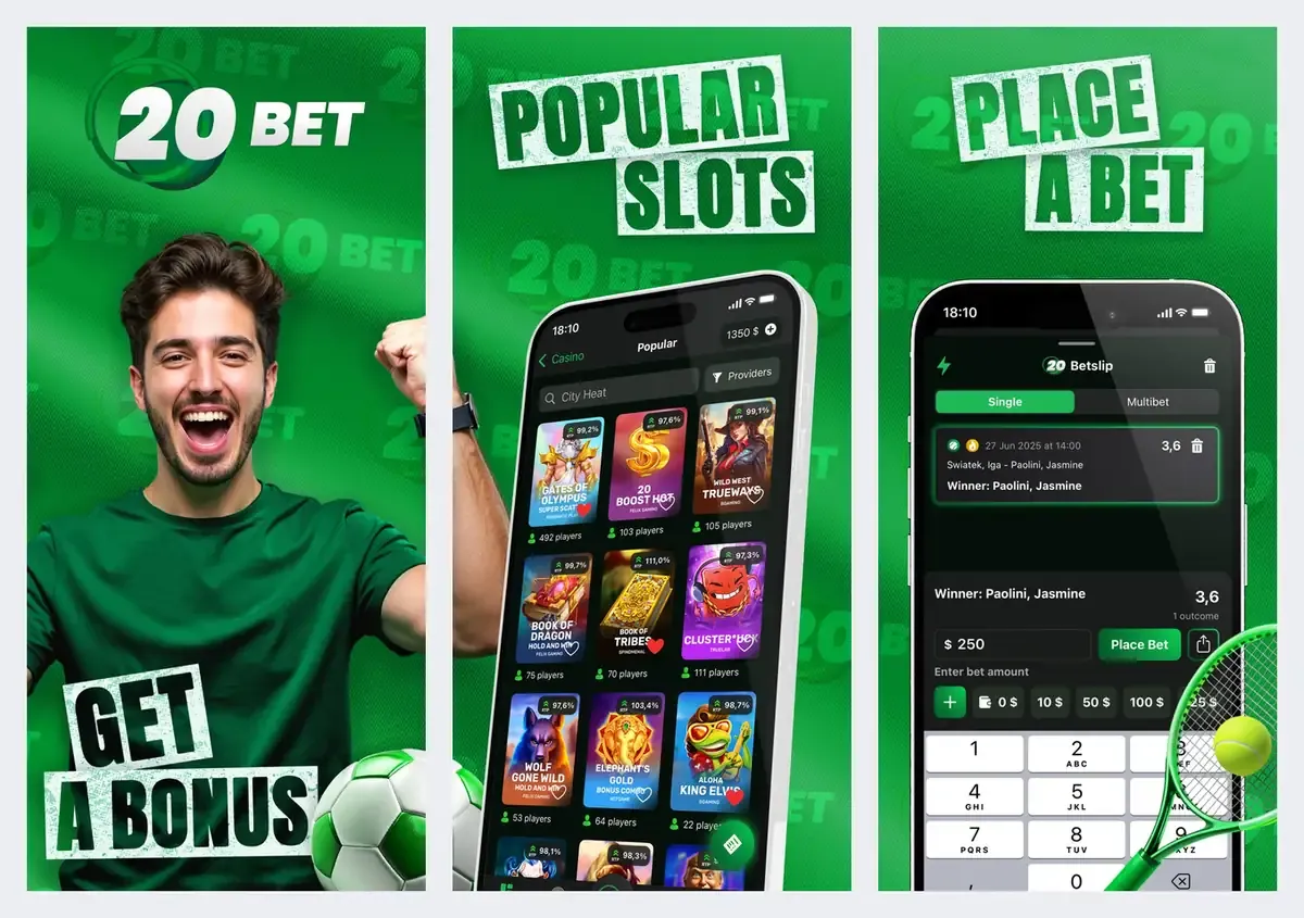 20Bet app screenshots from its app store listing: popular slots and a bet slip