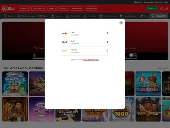 32Red cashier screenshot: 32Red deposit pop-up listing Card Skrill and Neteller with their deposit limits
