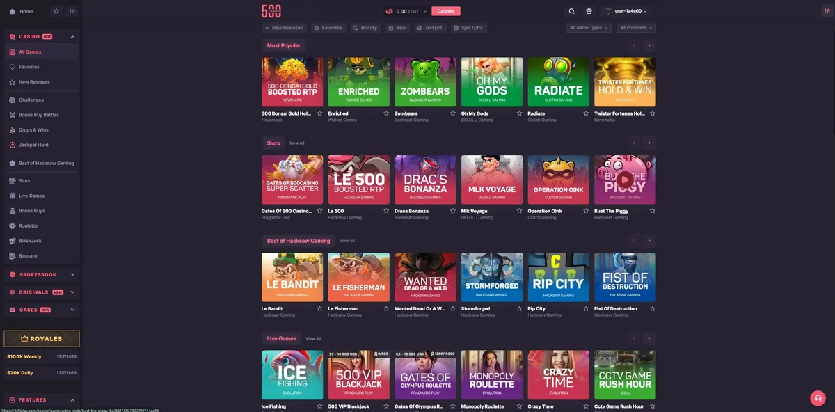 500 Casino games lobby screenshot: 500 Casino 'All Games' lobby with Most Popular Slots Best of Hacksaw Gaming and Live Games rows