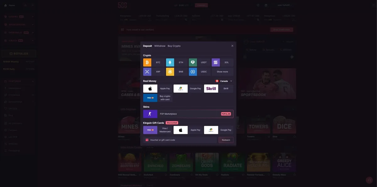 500 Casino cashier screenshot: ETH USDT SOL XRP BNB USDC), real-money options for Canada (Apple Pay Google Pay Skrill, buy crypto with card), a skins P2P marketplace and Kinguin gift cards