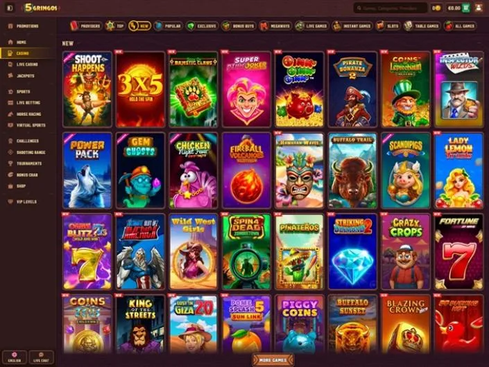 5Gringos games lobby screenshot: 5Gringos casino lobby with category tabs and a grid of new slots such as Shoot Happens, 3x5 and Power Pack