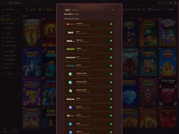 5Gringos cashier screenshot: 5Gringos deposit window listing Mastercard Skrill Skrill 1-Tap Neteller Jeton MiFinity USDT (TRC20 ERC20 BEP20) Bitcoin Ethereum Litecoin Ripple and USDC