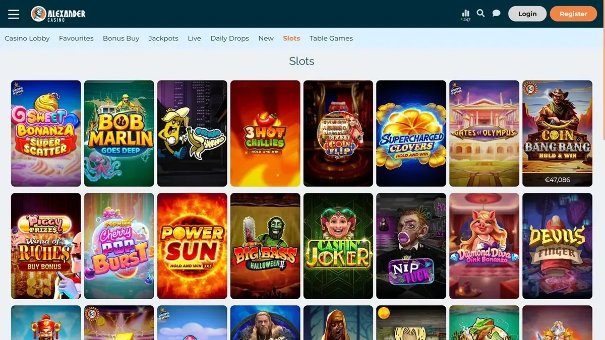 Alexander Casino games lobby screenshot: Alexander Casino slots lobby with tabs for Casino Lobby Jackpots Live and Daily Drops and slots such as Sweet Bonanza Super Scatter