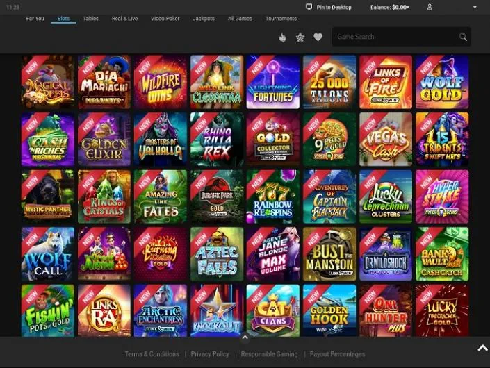 All Slots Casino games lobby screenshot: All Slots Casino slots lobby with a grid of new Microgaming-family titles such as Wolf Call and Aztec Falls