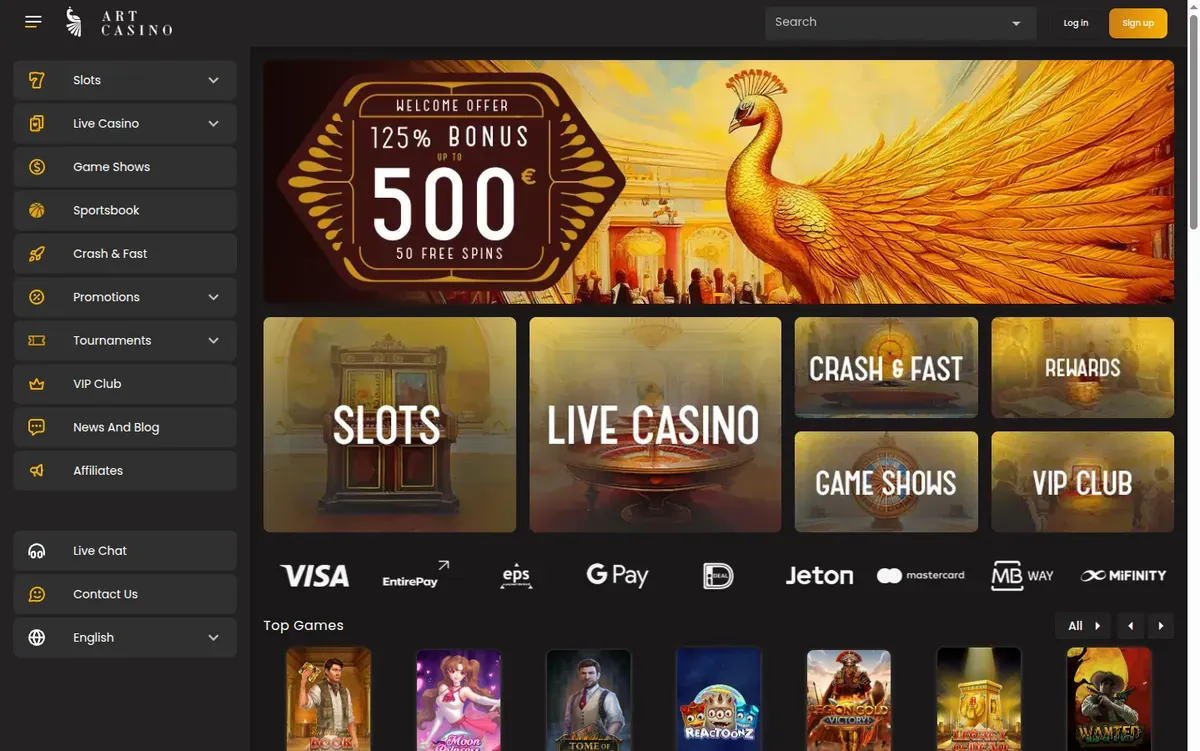 Art Casino lobby with a payment strip showing Visa, eps, Google Pay, Jeton, Mastercard and MiFinity