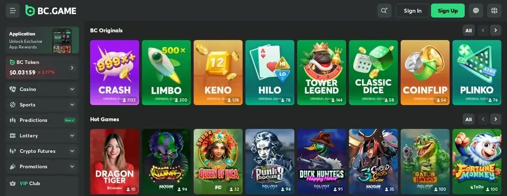 BC.Game lobby with BC Originals such as Crash, Limbo, Keno, HiLo and Plinko above the hot slots