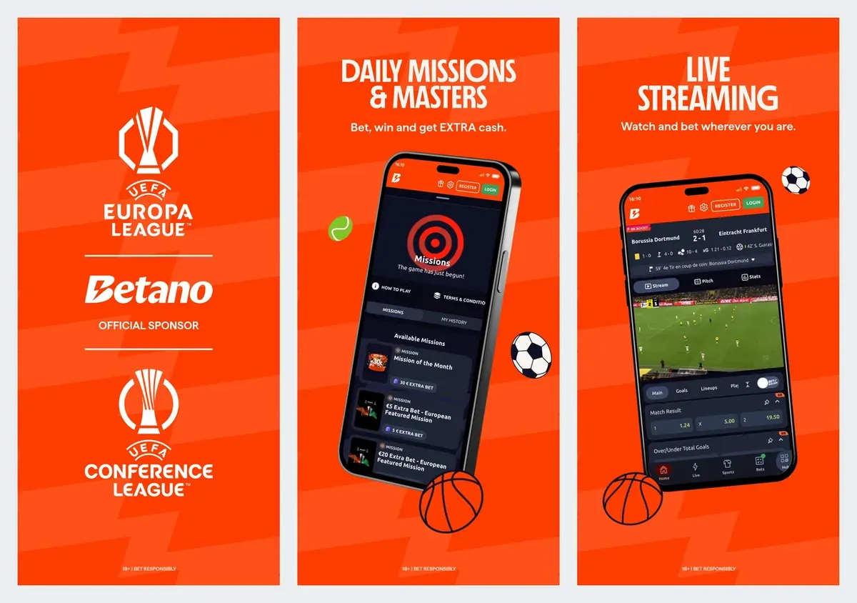 Betano Casino app screenshots from its app store listing: missions and live streaming