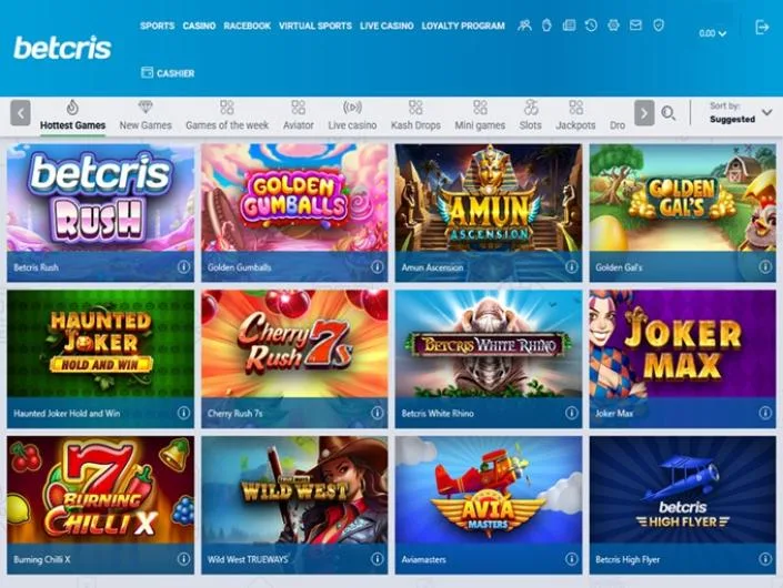 Betcris games lobby screenshot: Betcris casino lobby with Hottest Games tiles such as Betcris Rush Golden Gumballs and Amun Ascension