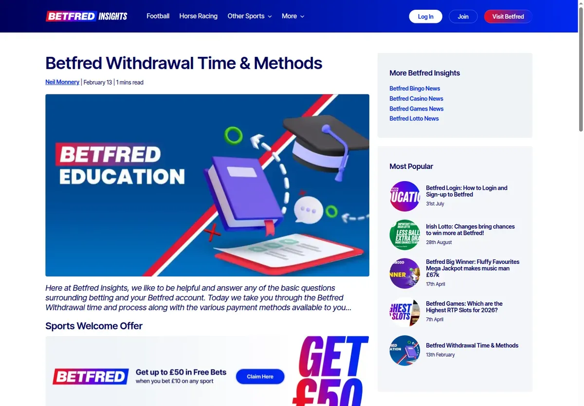 Betfred Insights article 'Betfred Withdrawal Time & Methods'