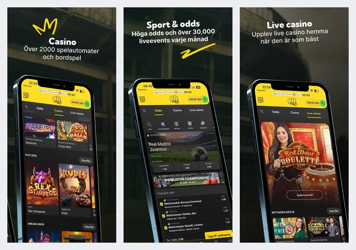 Bethard app screenshots from its app store listing: casino, sports and live casino screens