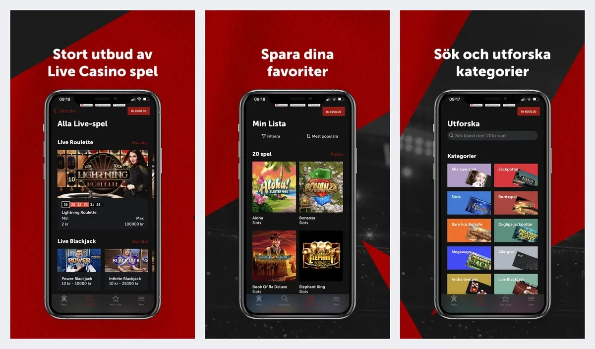 Betsafe app screenshots from its app store listing: live casino, favourites and categories