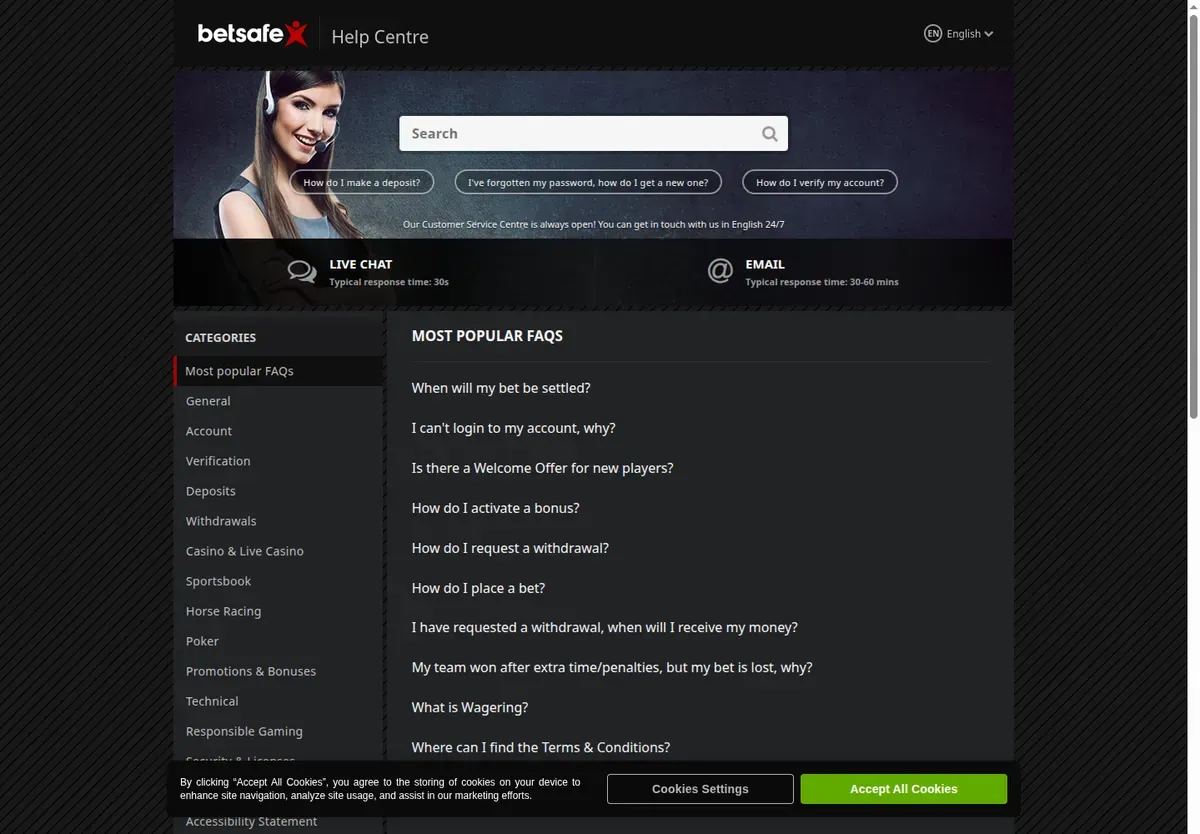 Betsafe help centre with the most popular FAQs, including when a requested withdrawal arrives