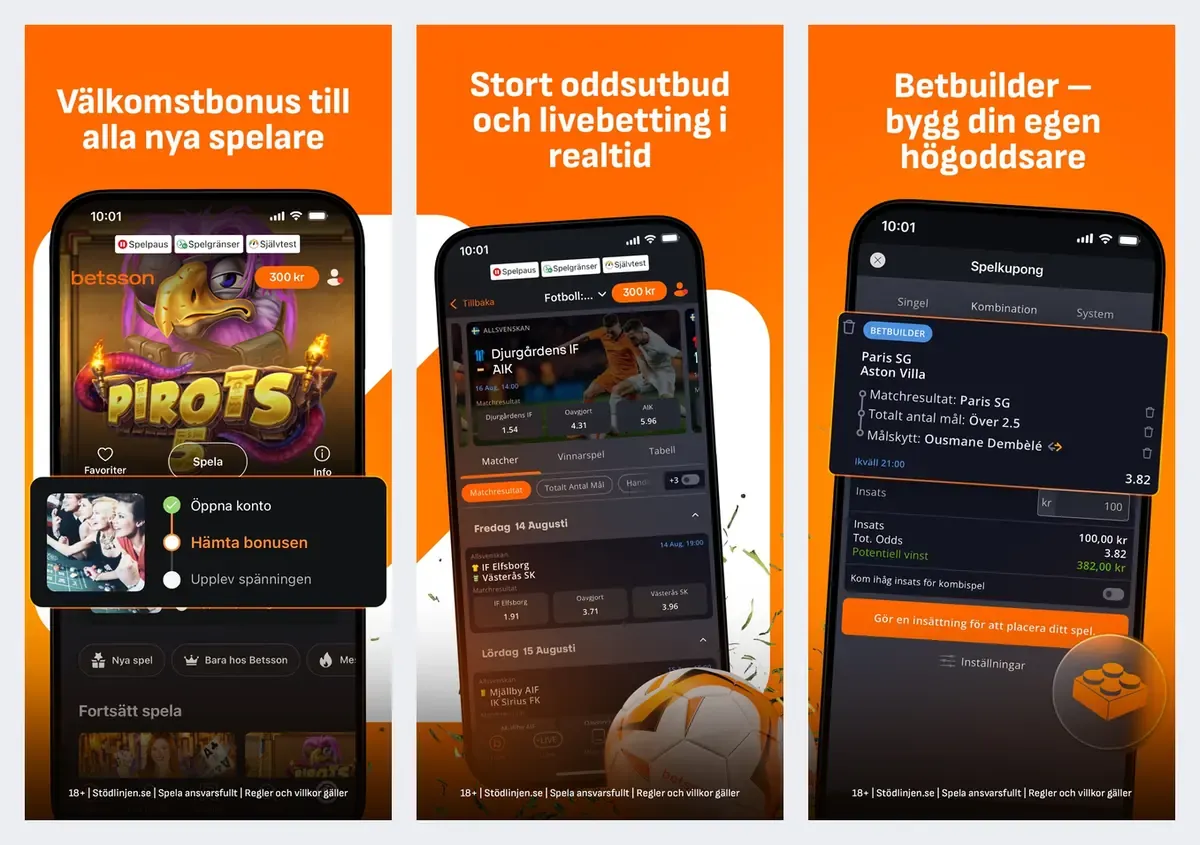 Betsson app screenshots from its app store listing: casino, live betting and Betbuilder