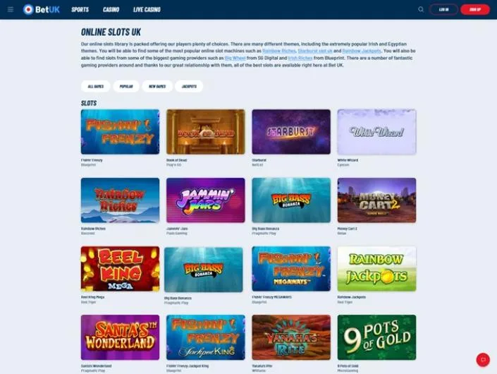 BetUK games lobby screenshot: BetUK 'Online Slots UK' lobby with slot tiles such as Fishin' Frenzy Book of Dead and Starburst