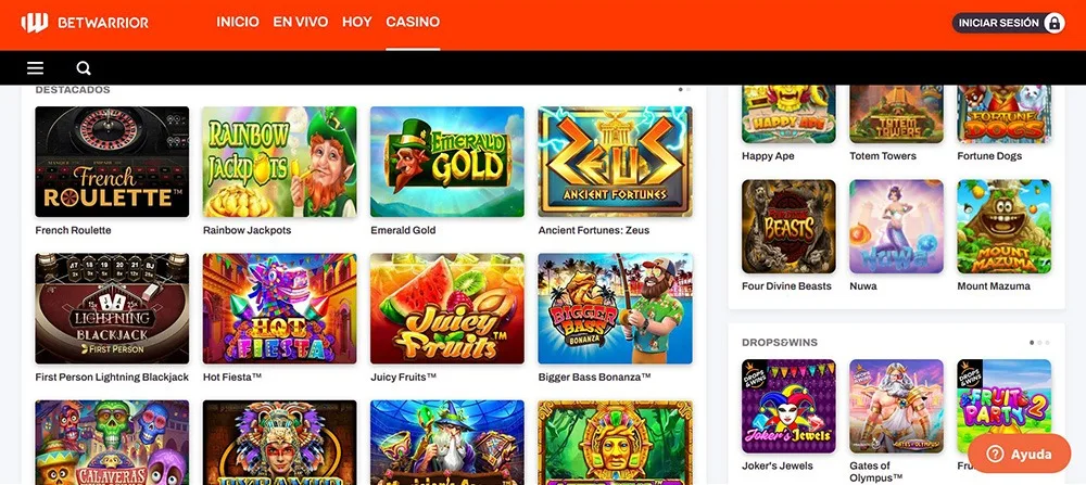 BetWarrior games lobby screenshot: BetWarrior Argentina casino lobby (Spanish menu: Inicio En Vivo Hoy Casino) with Destacados games such as French Roulette Rainbow Jackpots and Bigger Bass Bonanza and a Drops and Wins column
