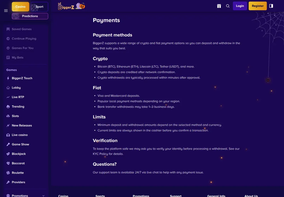 BiggerZ payments page: crypto withdrawals typically processed within minutes, bank transfers 1–3 business days