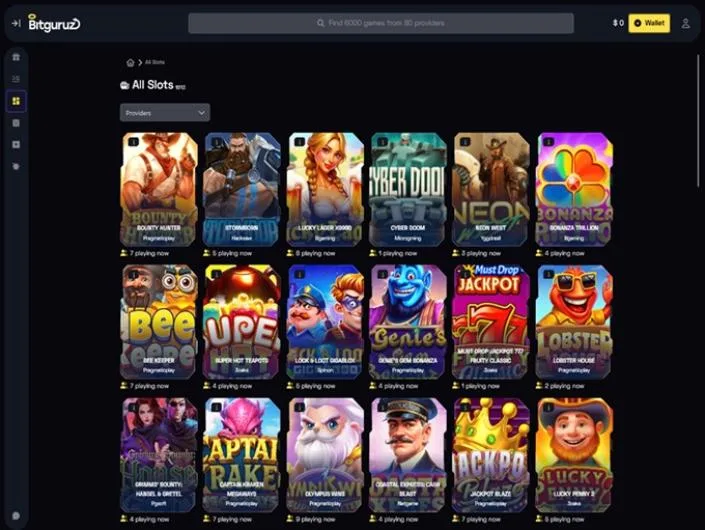 Bitguruz games lobby screenshot: BitGuruz 'All Slots' lobby with player counts under each game tile such as Bounty Hunter and Stormborn