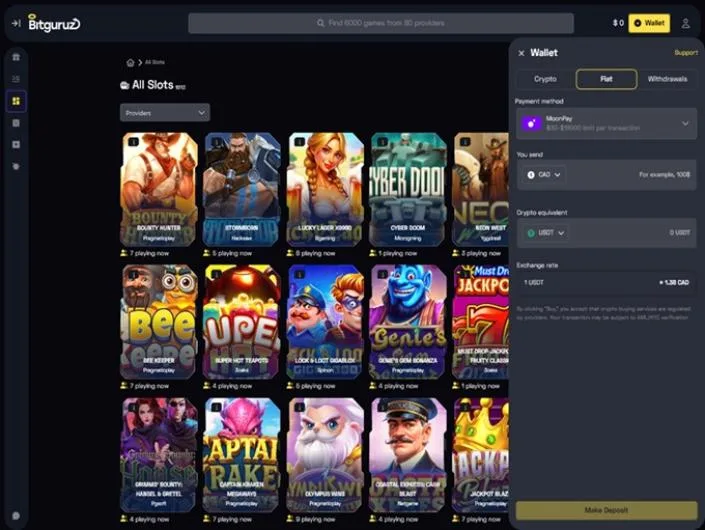 Bitguruz cashier screenshot: BitGuruz wallet panel on the Fiat tab showing a MoonPay purchase of USDT with CAD and the exchange rate