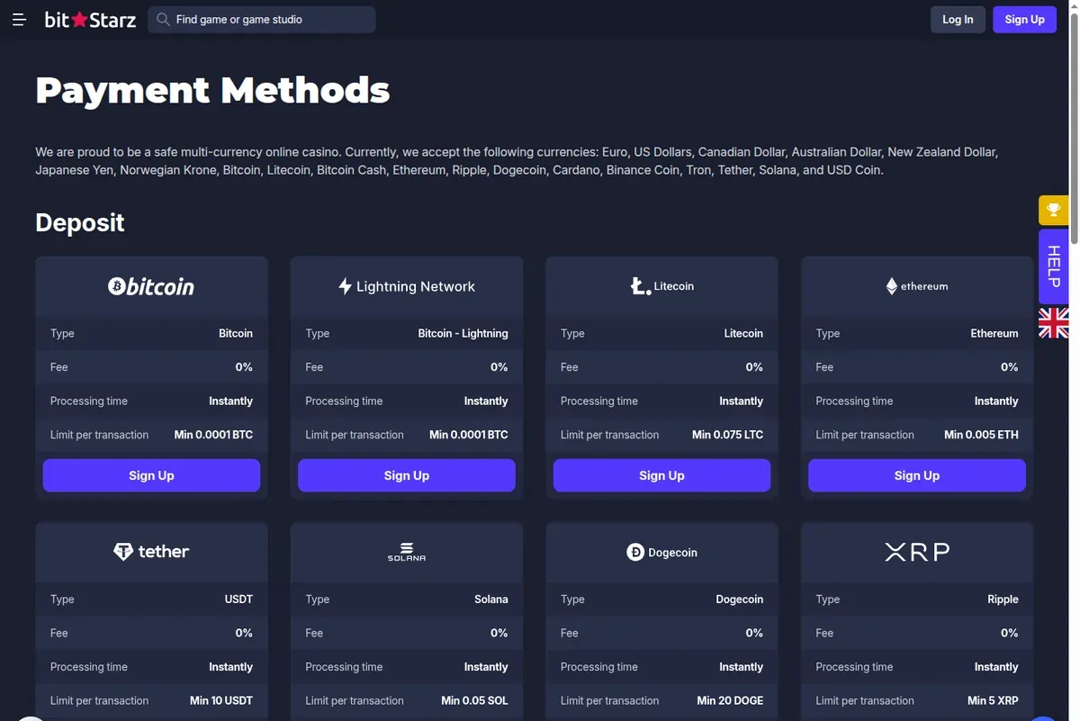 BitStarz payment methods page showing Bitcoin, Lightning, Litecoin, Ethereum, Tether, Solana, Dogecoin and XRP with 0% fee and instant processing