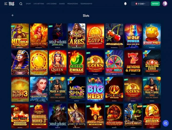 BlueChip games lobby screenshot: BlueChip slots lobby with a grid of games such as Hit More Gold Queen of Fire and Sword of Ares