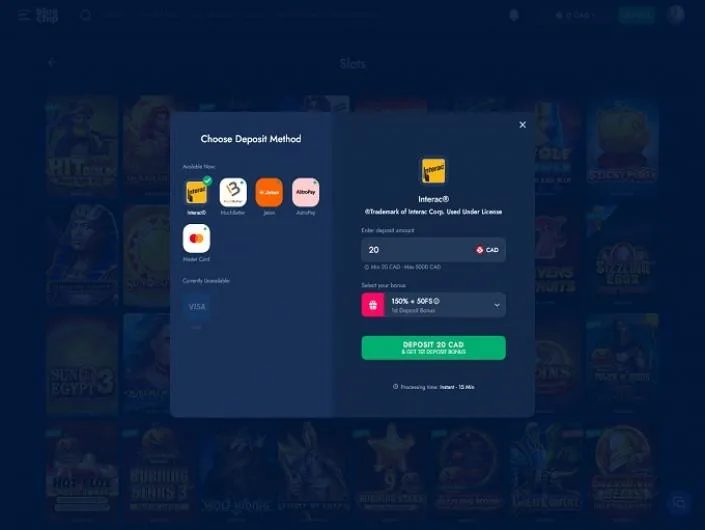 BlueChip cashier screenshot: BlueChip 'Choose Deposit Method' window with Interac selected, a 20 to 5,000 CAD range MuchBetter Jeton AstroPay and Mastercard options and 'Instant - 15 min' processing time