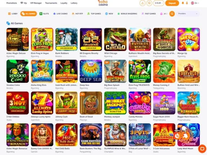Boho Casino games lobby screenshot: Boho Casino 'All Games' lobby with category tabs and slot tiles such as Aztec Magic Deluxe and Elvis Frog in Vegas