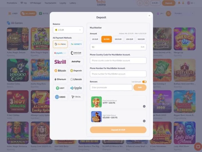 Boho Casino cashier screenshot: MiFinity, paysafecard CashtoCode Skrill AstroPay Bitcoin Dogecoin Ethereum Litecoin USDT Ripple USDC and Tron with MuchBetter limits from 20 EUR