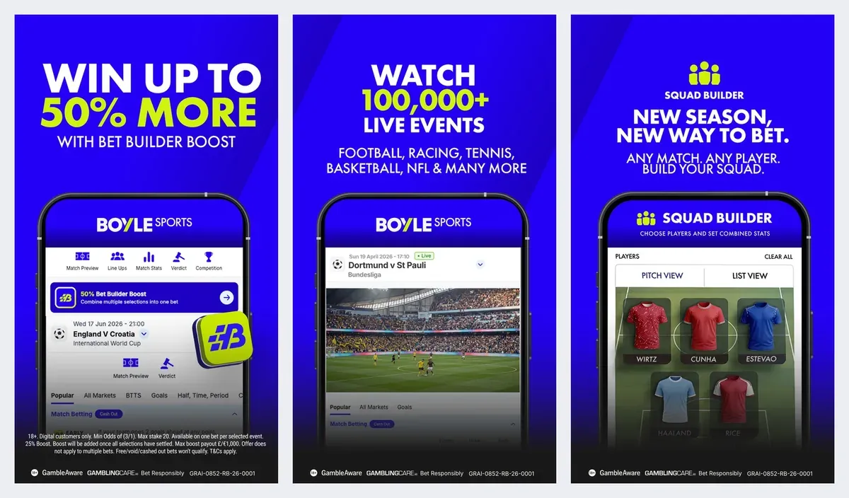 BoyleSports app screenshots from its app store listing: Bet Builder, live events and Squad Builder