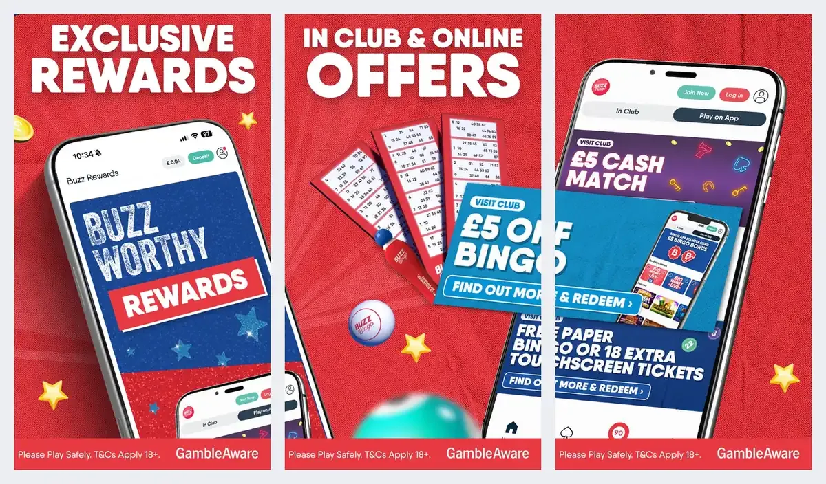 Buzz Bingo app screenshots from its app store listing: rewards and club offers
