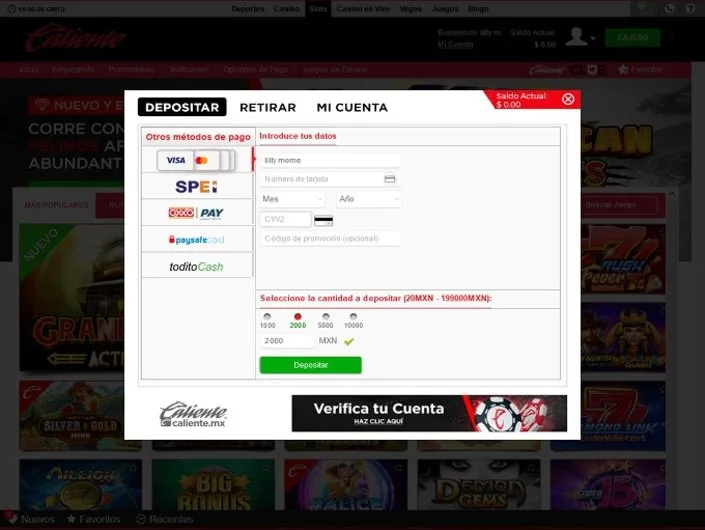 Caliente cashier screenshot: Caliente deposit window in Spanish listing Visa and Mastercard SPEI OXXO Pay, paysafecard and todito Cash with 20 to 199,000 MXN limits