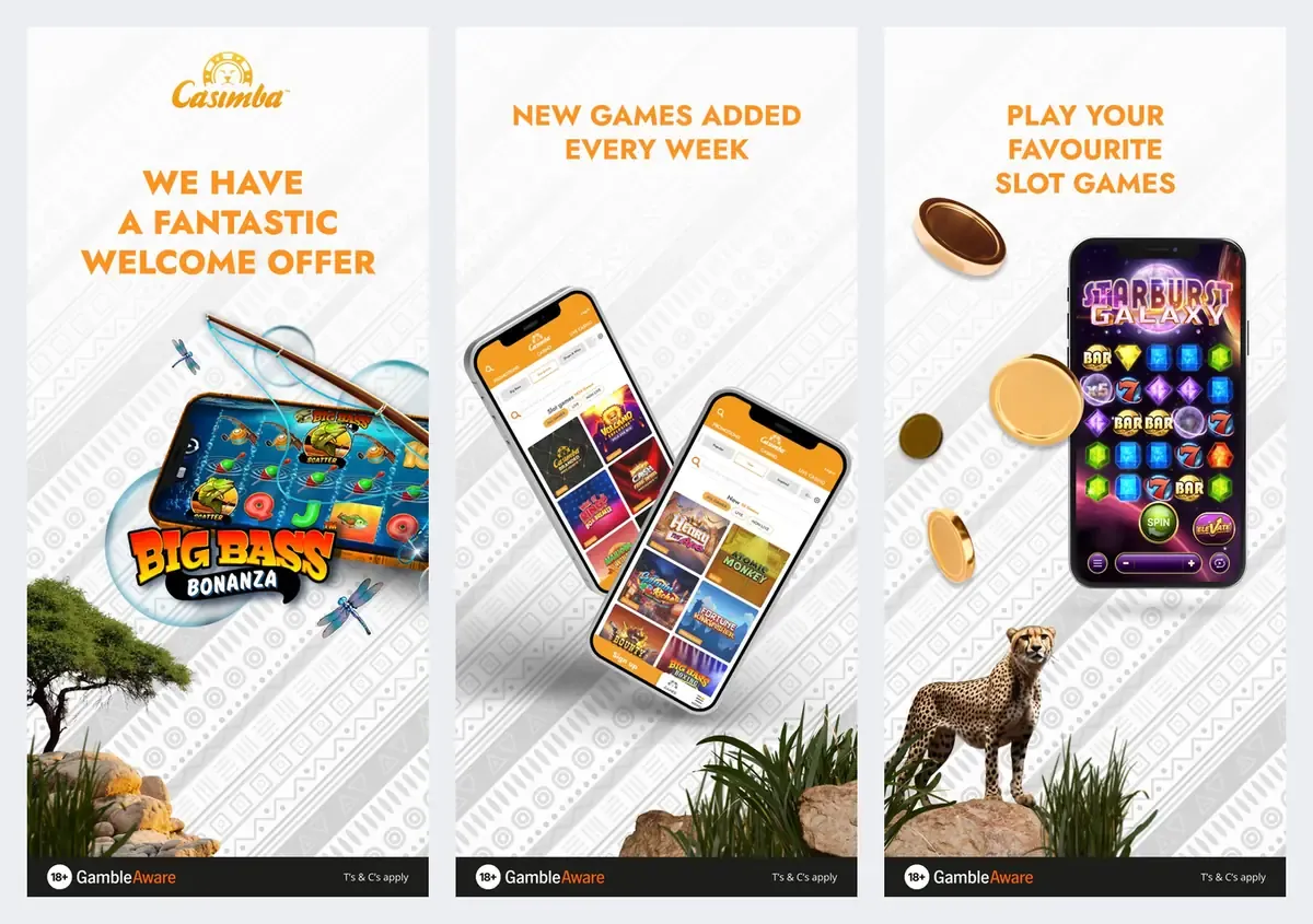 Casimba app screenshots from its app store listing: slots and new games