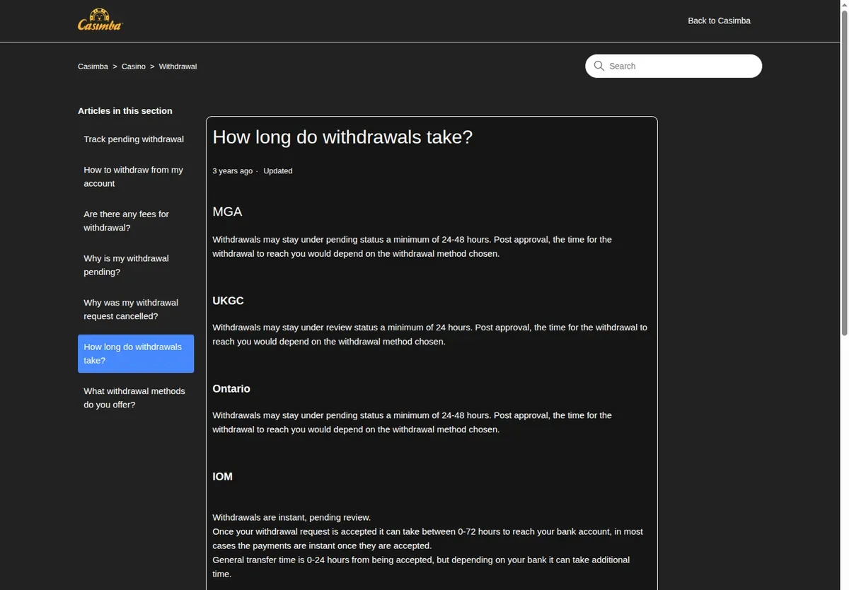 Casimba help article 'How long do withdrawals take?' with pending times by licence